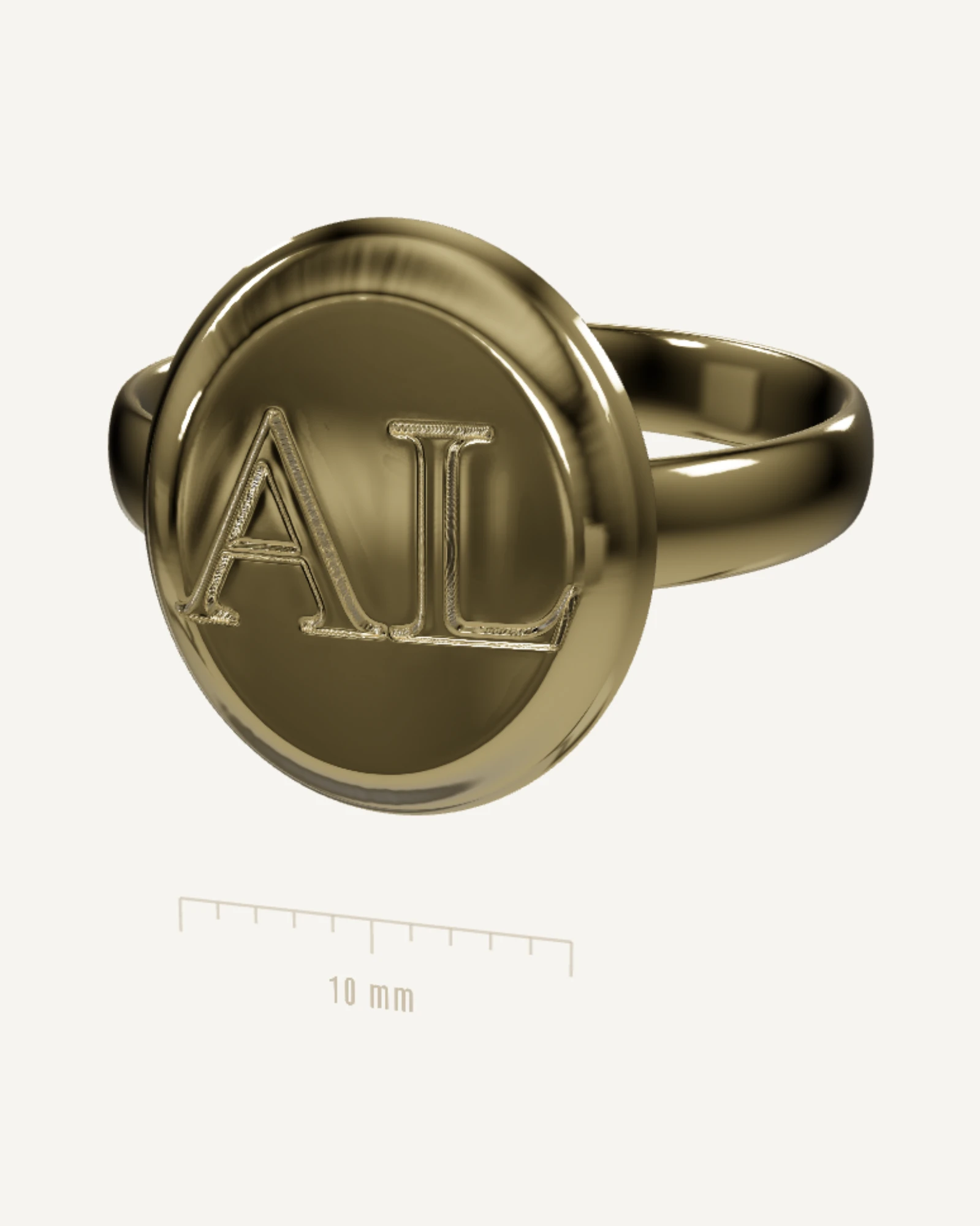 Rendu de l’atelier : une bague à plateau ovale en or jaune, gravée d’un monogramme