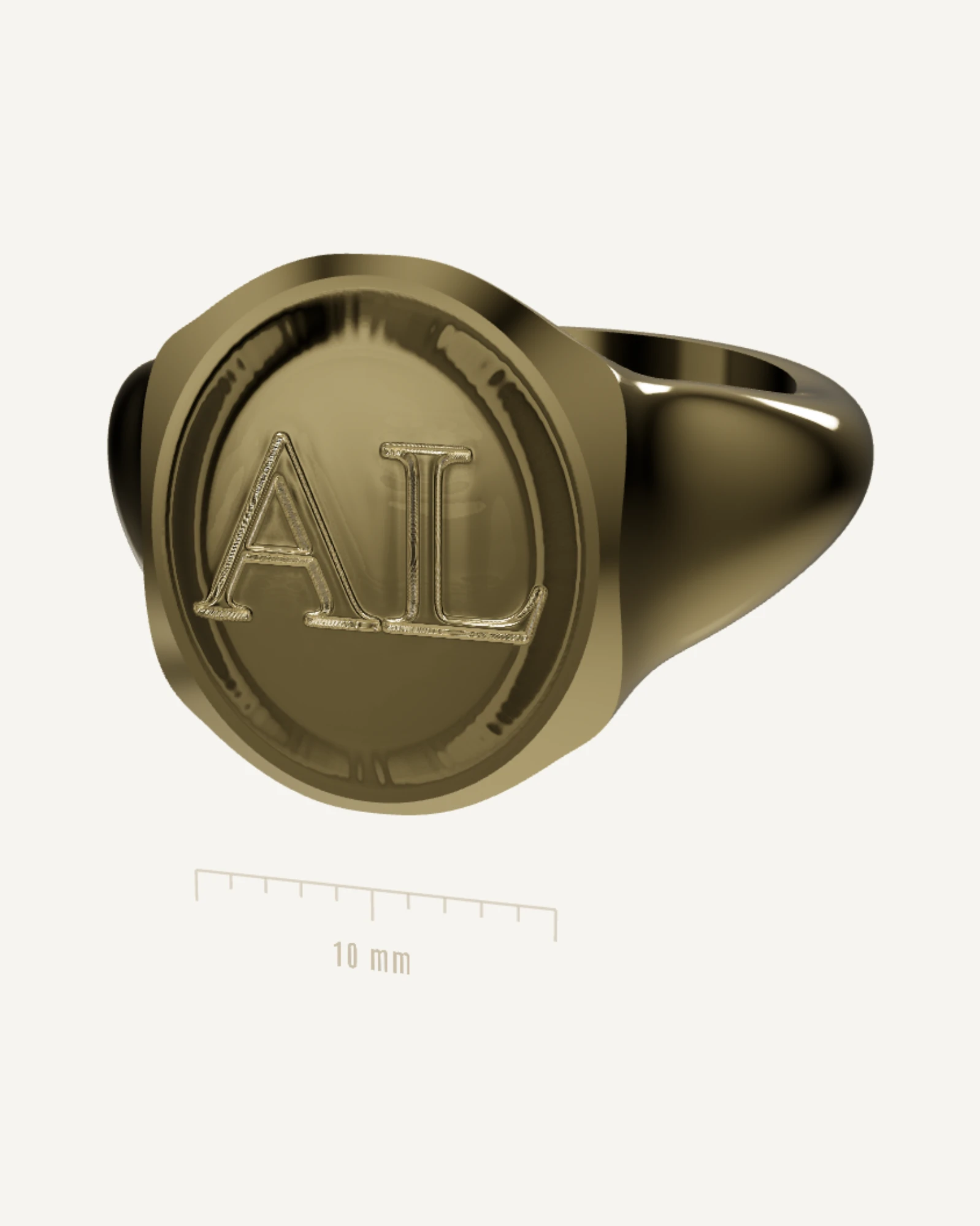 Rendu de l’atelier : une chevalière L’Ovale en or jaune, gravée d’un monogramme